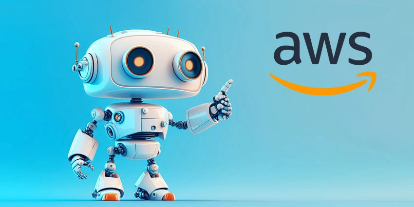 Amazon Robot Image AWS ad with robot pointing to AWS logo