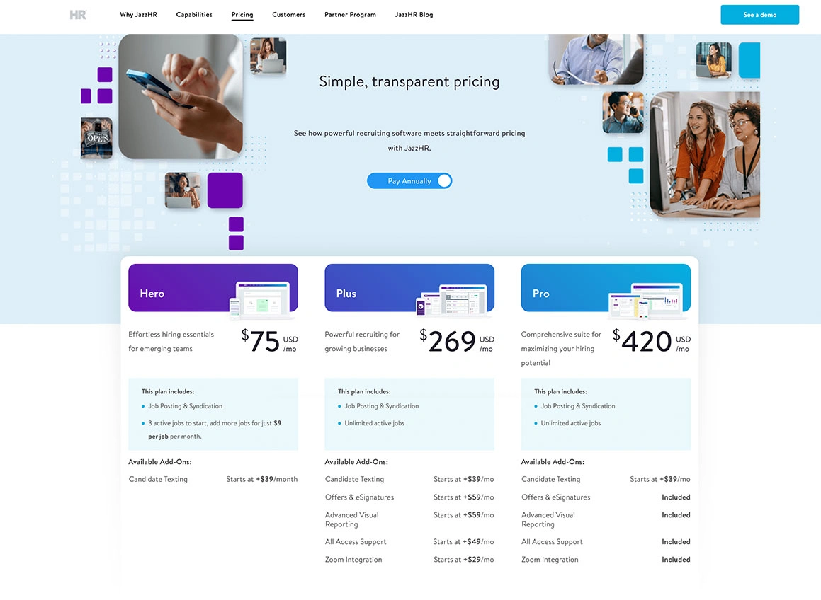 JazzHR Pricing Page - Before