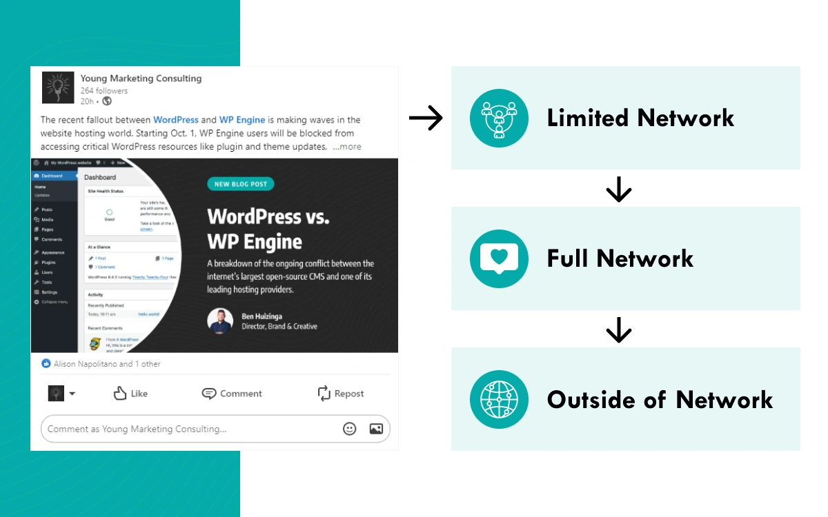 LinkedIn Content Algorithm Graphic showing the gradual display of content across linkedin's network