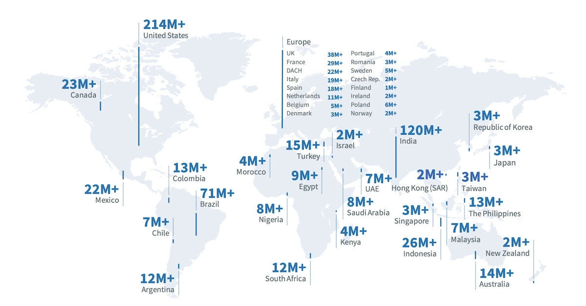 linkedIn-registered-users-2024 Map showing total linkedin users by country for the entire world