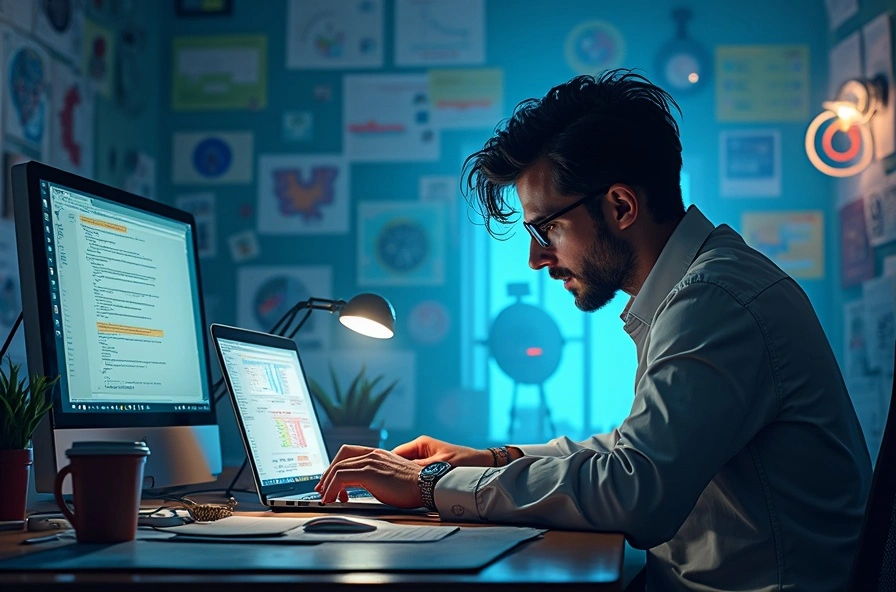 openart-image_kPCHjmra_1735572222454_raw (marketer and AI collaboration), dynamic workspace that includes both a human marketer and representation of AI, a mix of (high-tech gadgets) and (creative chaos), (light and shadow interplay), (cool tone) lighting highlighting brainstorming materials, intense expressions of focus, a blend of intrigue and frustration, mood reflecting competitive tension, (4K ultra-detailed) illustration capturing the essence of modern marketing challenges.