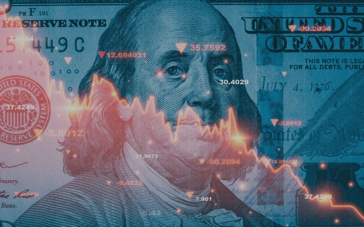 Recession graphic featuring Benjamin Franklin declining stocks and money