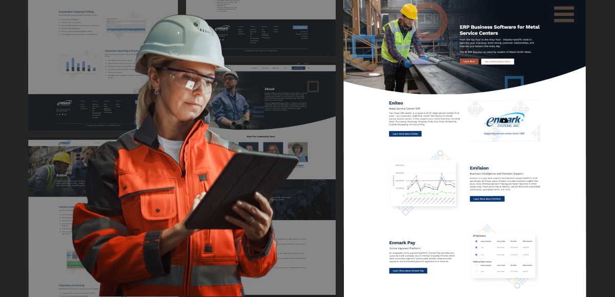 Screenshots of Enmark website in background, woman in protective gear in foreground