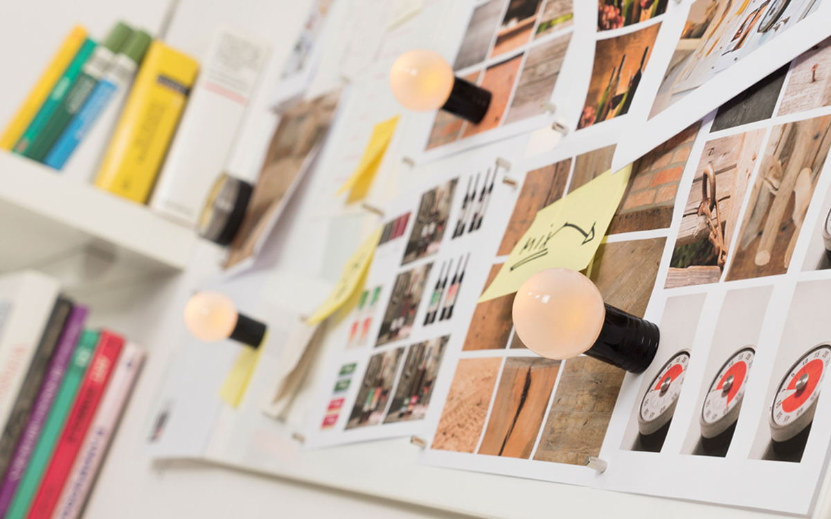 Moodboard of creative samples on whiteboard