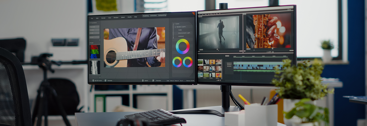 Careers Featured Image 1 Multi screen desk setup showing various creative editing software running in tandem