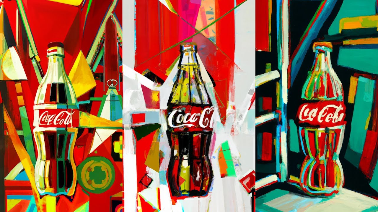 Coca Cola Create Real Magic Bottles of coca cola created by AI shown as part of create real magic campaign