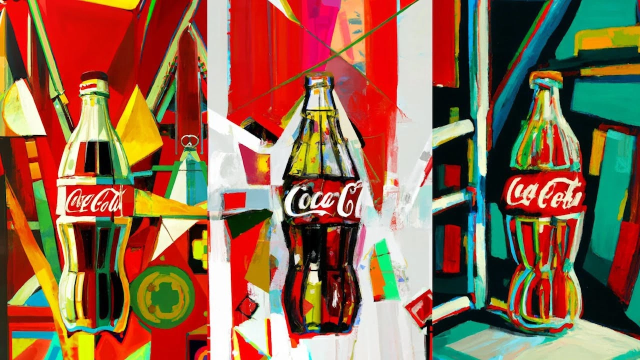 Bottles of coca cola created by AI shown as part of create real magic campaign