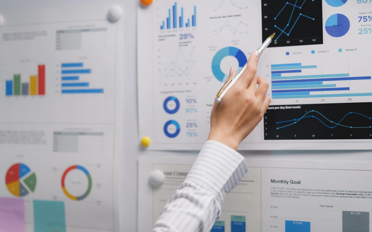 A person holding a pen points to a wall of printed charts and graphs, including bar charts, pie charts, and line graphs displaying performance and engagement metrics.