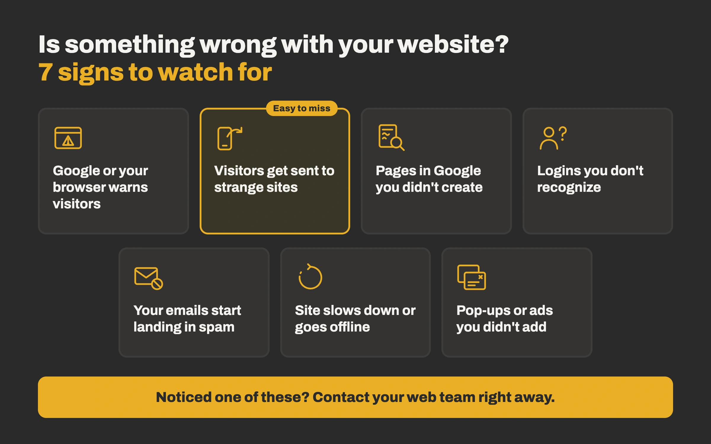7-warning-signs-1200 Seven warning signs that a website may have been hacked: browser or Google warnings, visitors redirected to strange sites, unfamiliar pages in Google, unknown user logins, emails landing in spam, a slow or offline site, and unexpected pop-ups.