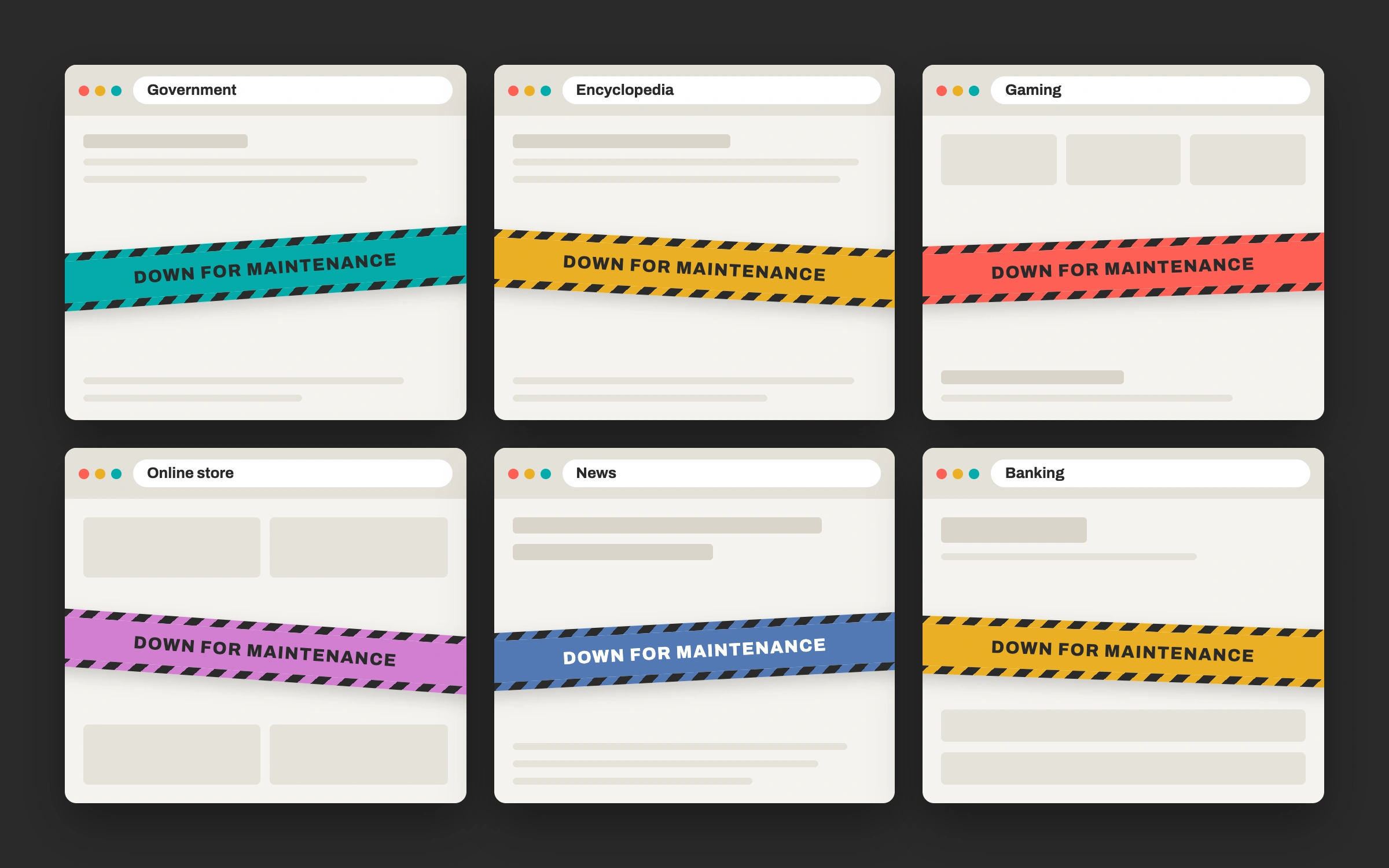 Graphic showing various types of websites offline as the result of critical security patches